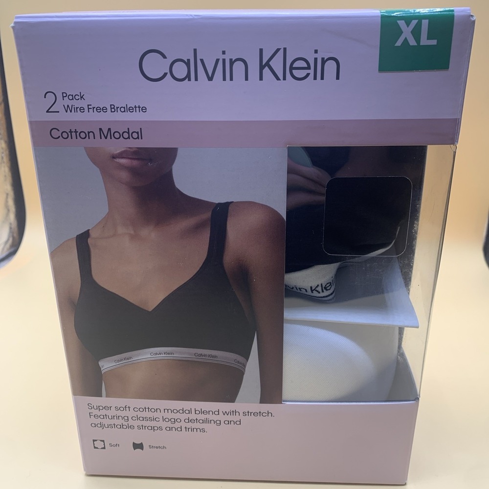 New Calvin Klein Women's Cotton  2 Pack No Wire Bralette Black White Extra Large